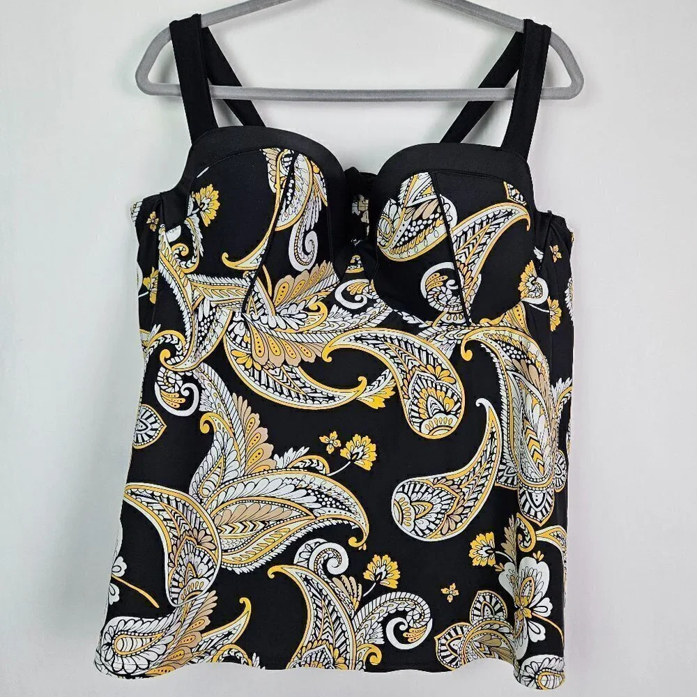 Cacique Black Yellow/White Paisley Underwire Tankini Top 44DD
